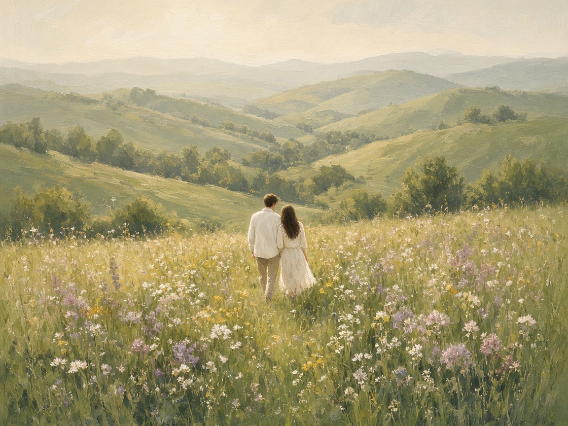 Two people walking through a wildflower meadow