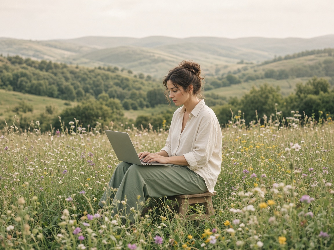 A product lead working from a quiet meadow, laptop open