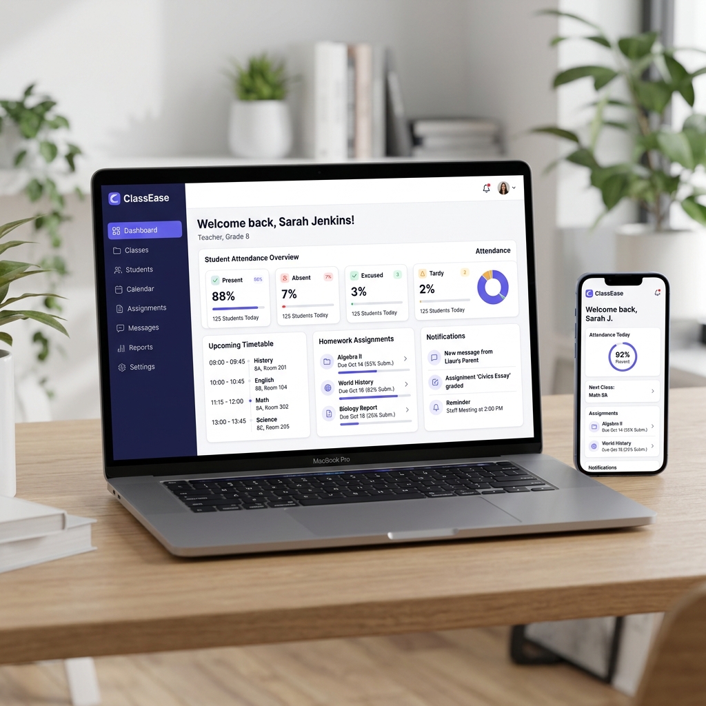 ClassEase education technology platform dashboard showing attendance tracking, timetable, homework management, and notifications across desktop and mobile devices